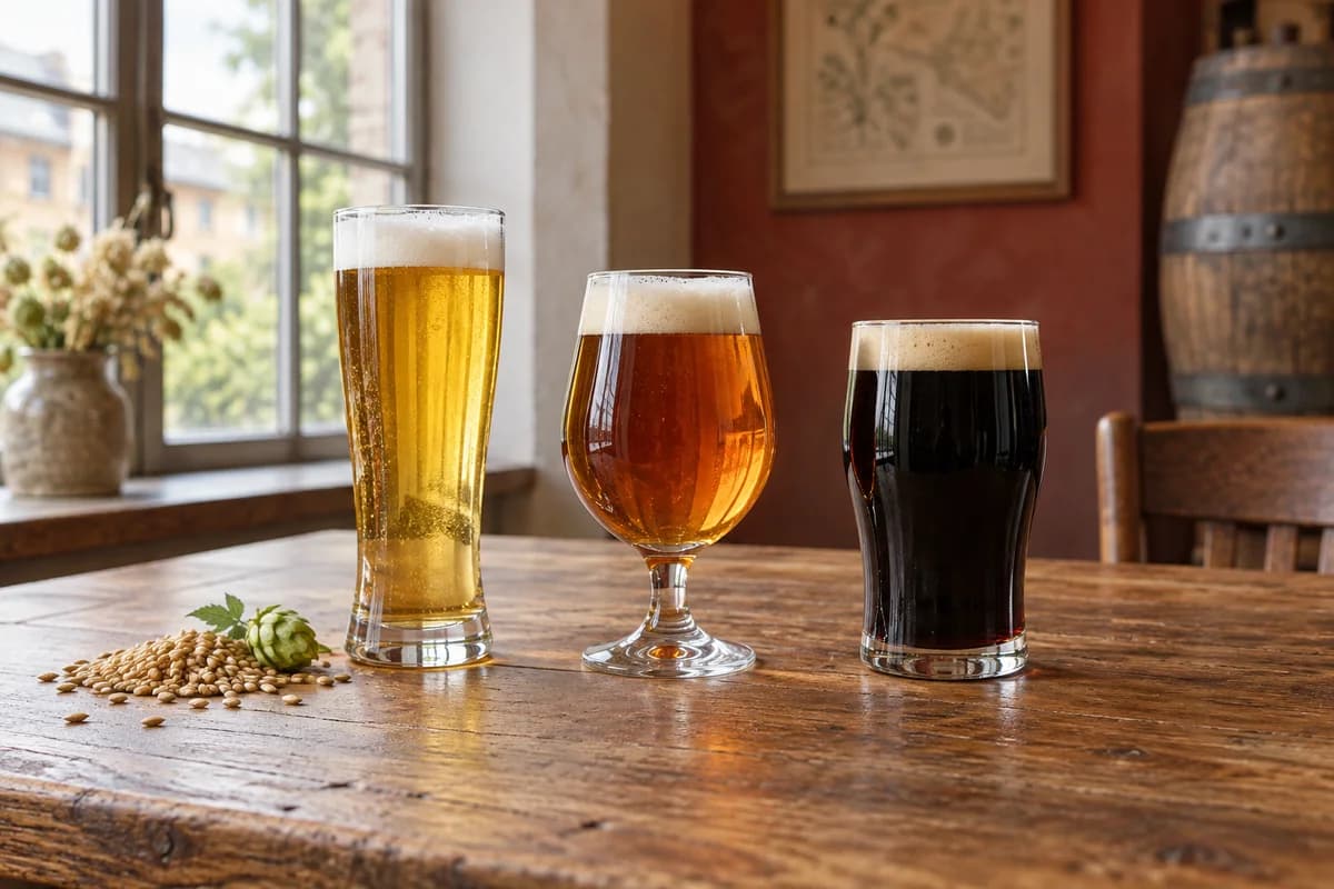 Helles, bernsteinfarbenes und dunkles Bier im Glas · KI-generiertes Themenbild