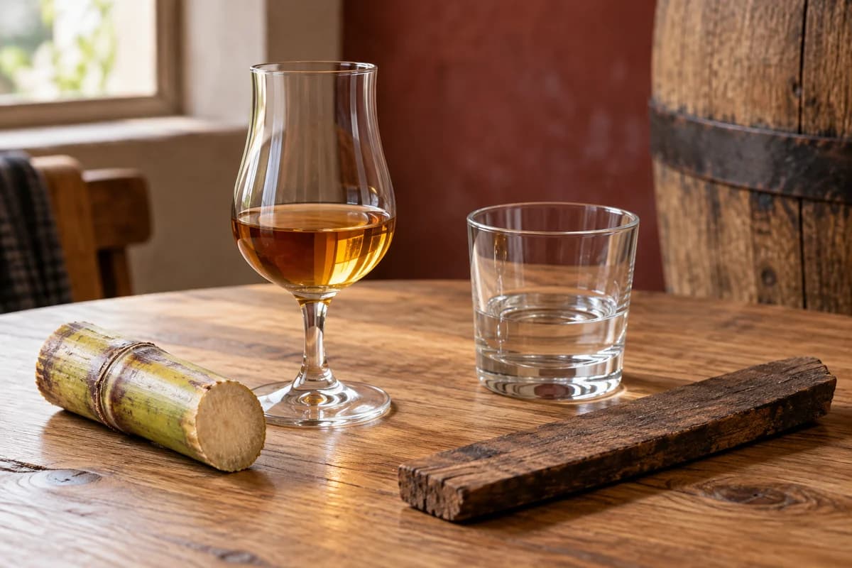Heller und gereifter Rum neben Zuckerrohr und Eichenholz · KI-generiertes Themenbild