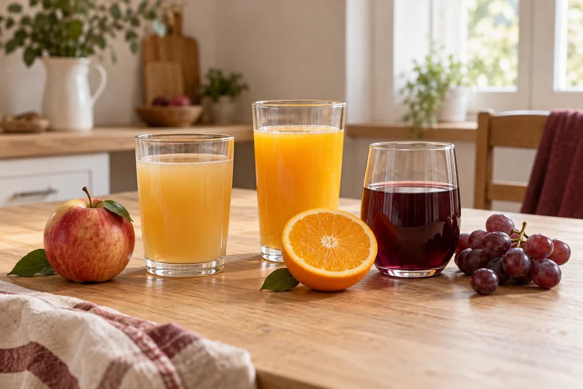 Apfel-, Orangen- und Traubensaft mit den passenden Früchten · KI-generiertes Themenbild
