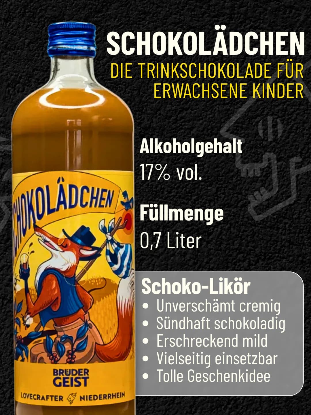 Originale Canva-Produktgrafik für den Schoko-Likör Schokolädchen von Brüdergeist