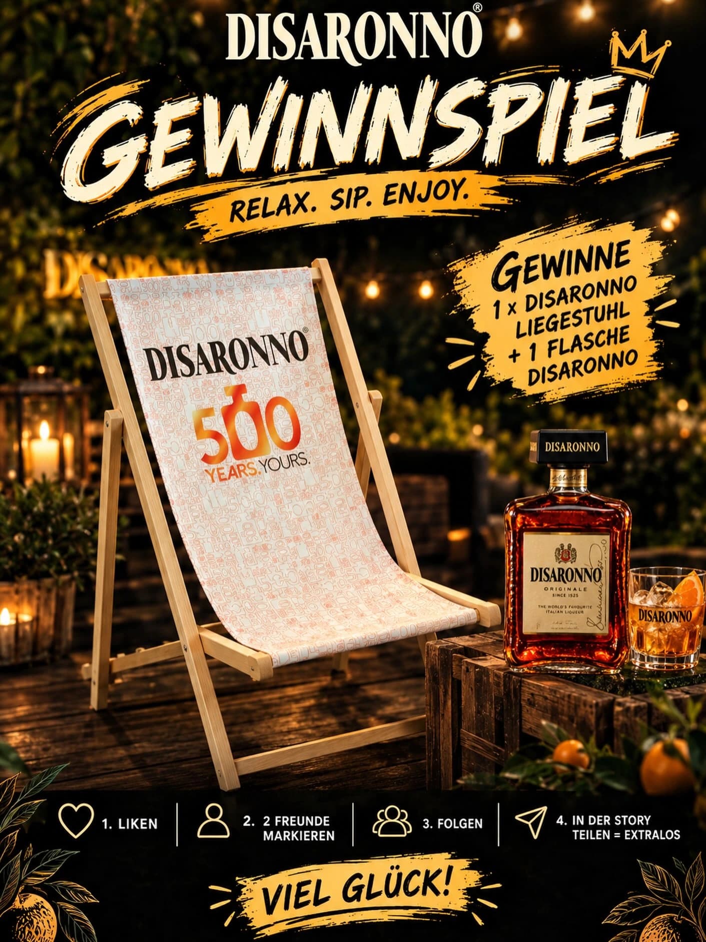 Originalbeitragsbild: Disaronno Liegestuhl und eine Flasche Disaronno