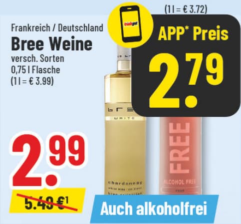 Originalangebot: Bree Weine, auch alkoholfrei – Preis, Gebinde und Bedingungen im abgebildeten Handzettelausschnitt