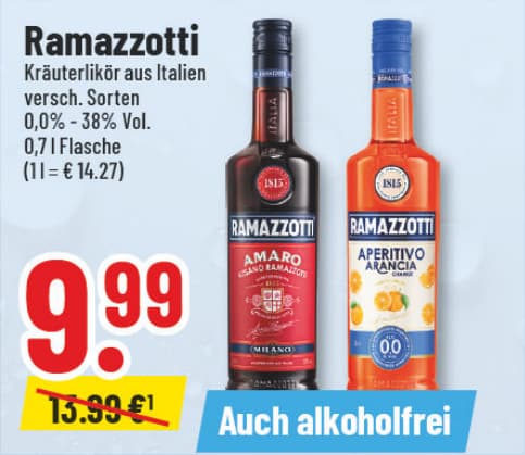 Originalangebot: Ramazzotti, auch alkoholfrei – Preis, Gebinde und Bedingungen im abgebildeten Handzettelausschnitt