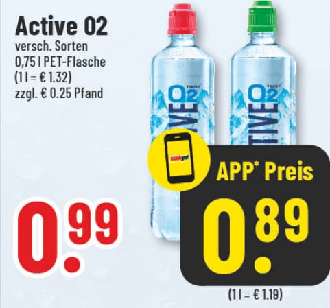 Originalangebot: Active O2 – Preis, Gebinde und Bedingungen im abgebildeten Handzettelausschnitt