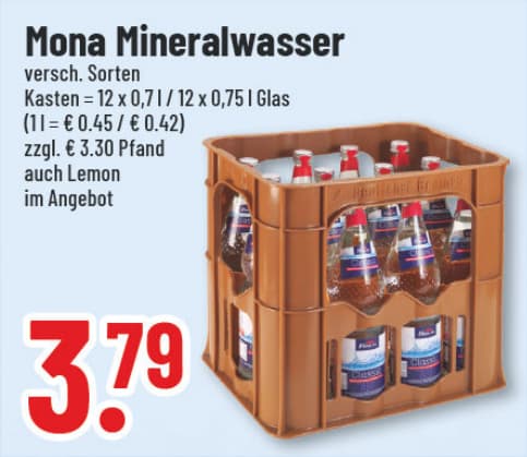 Originalangebot: Mona Mineralwasser, auch Lemon – Preis, Gebinde und Bedingungen im abgebildeten Handzettelausschnitt