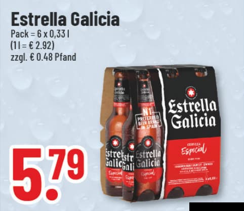 Originalangebot: Estrella Galicia – Preis, Gebinde und Bedingungen im abgebildeten Handzettelausschnitt