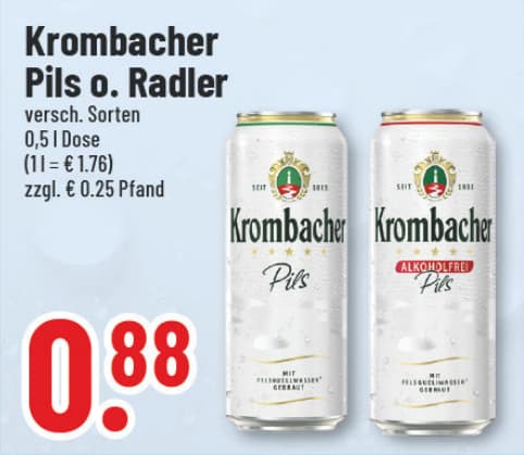 Originalangebot: Krombacher Pils oder Radler – Preis, Gebinde und Bedingungen im abgebildeten Handzettelausschnitt