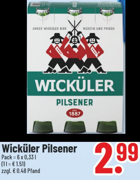 Originalangebot: Wicküler Pilsener – Preis, Gebinde und Bedingungen im abgebildeten Handzettelausschnitt