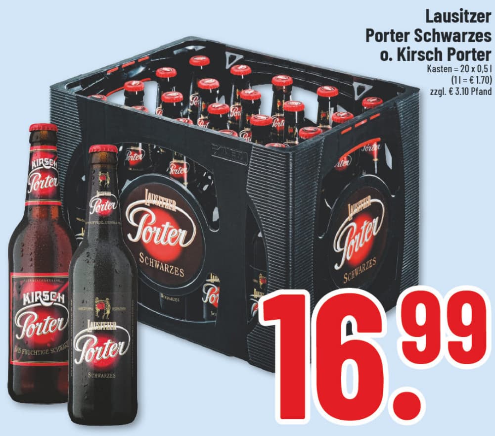 Originalangebot: Lausitzer Porter Schwarzes oder Kirsch Porter – Preis, Gebinde und Bedingungen im abgebildeten Handzettelausschnitt