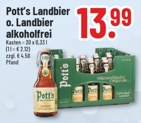 Originalangebot: Pott’s Landbier oder Landbier alkoholfrei – Preis, Gebinde und Bedingungen im abgebildeten Handzettelausschnitt