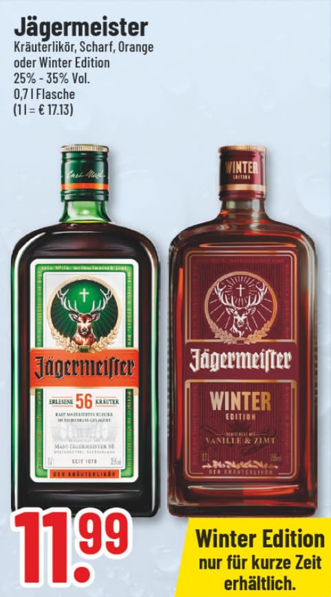 Originalangebot: Jägermeister · Kräuterlikör, Scharf, Orange oder Winter Edition – Preis, Gebinde und Bedingungen im abgebildeten Handzettelausschnitt