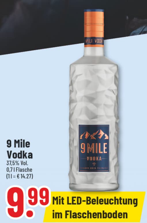 Originalangebot: 9 Mile Vodka – Preis, Gebinde und Bedingungen im abgebildeten Handzettelausschnitt