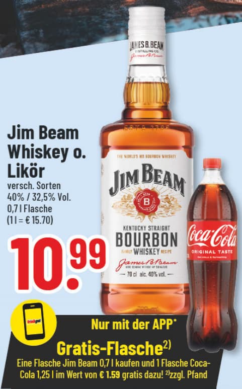 Originalangebot: Jim Beam Whiskey oder Likör · App-Zugabe – Preis, Gebinde und Bedingungen im abgebildeten Handzettelausschnitt