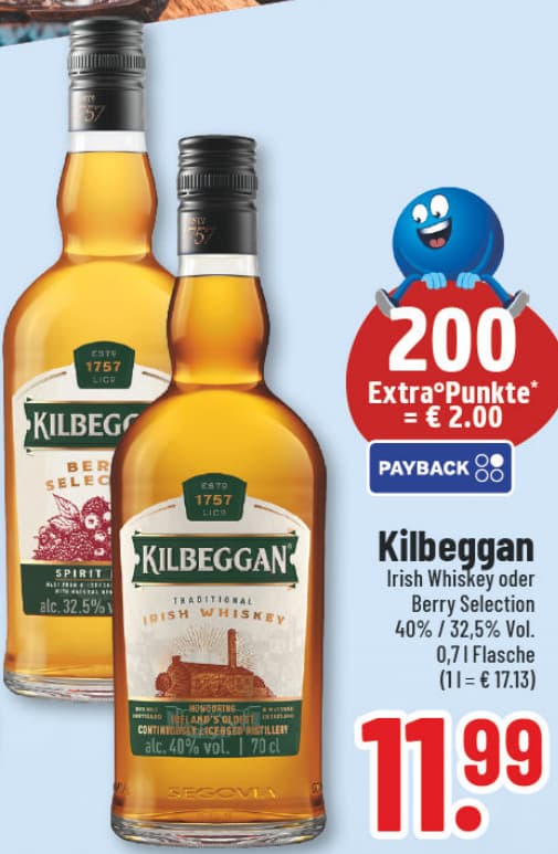 Originalangebot: Kilbeggan Irish Whiskey oder Berry Selection – Preis, Gebinde und Bedingungen im abgebildeten Handzettelausschnitt