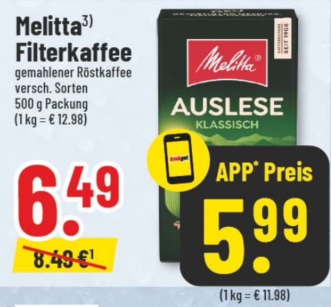 Originalangebot: Melitta Filterkaffee – Preis, Gebinde und Bedingungen im abgebildeten Handzettelausschnitt