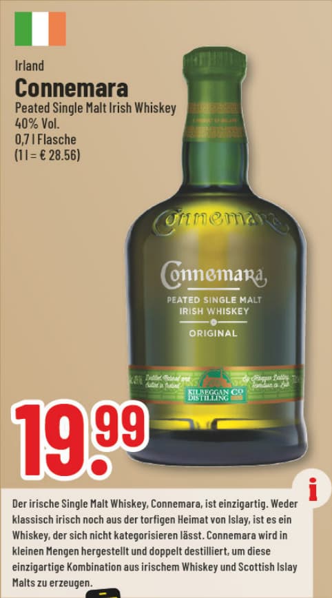 Originalangebot: Connemara Peated Single Malt Irish Whiskey – Preis, Gebinde und Bedingungen im abgebildeten Handzettelausschnitt