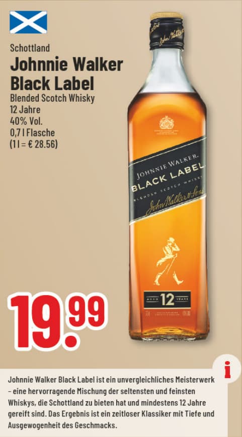 Originalangebot: Johnnie Walker Black Label · 12 Jahre – Preis, Gebinde und Bedingungen im abgebildeten Handzettelausschnitt
