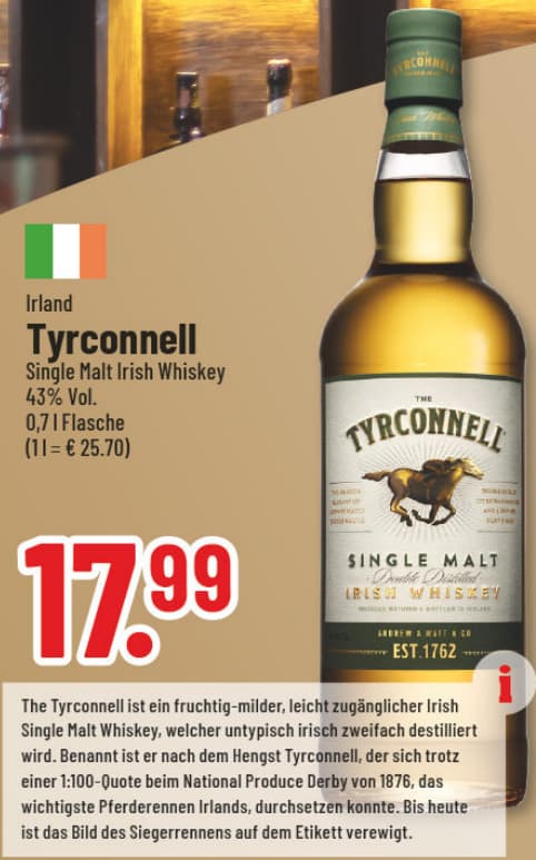 Originalangebot: Tyrconnell Single Malt Irish Whiskey – Preis, Gebinde und Bedingungen im abgebildeten Handzettelausschnitt