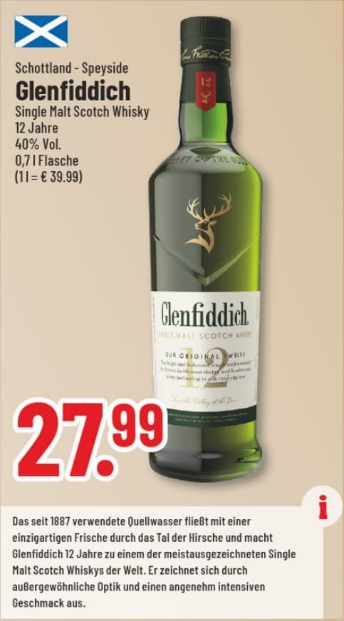 Originalangebot: Glenfiddich Single Malt Scotch Whisky 12 Jahre – Preis, Gebinde und Bedingungen im abgebildeten Handzettelausschnitt