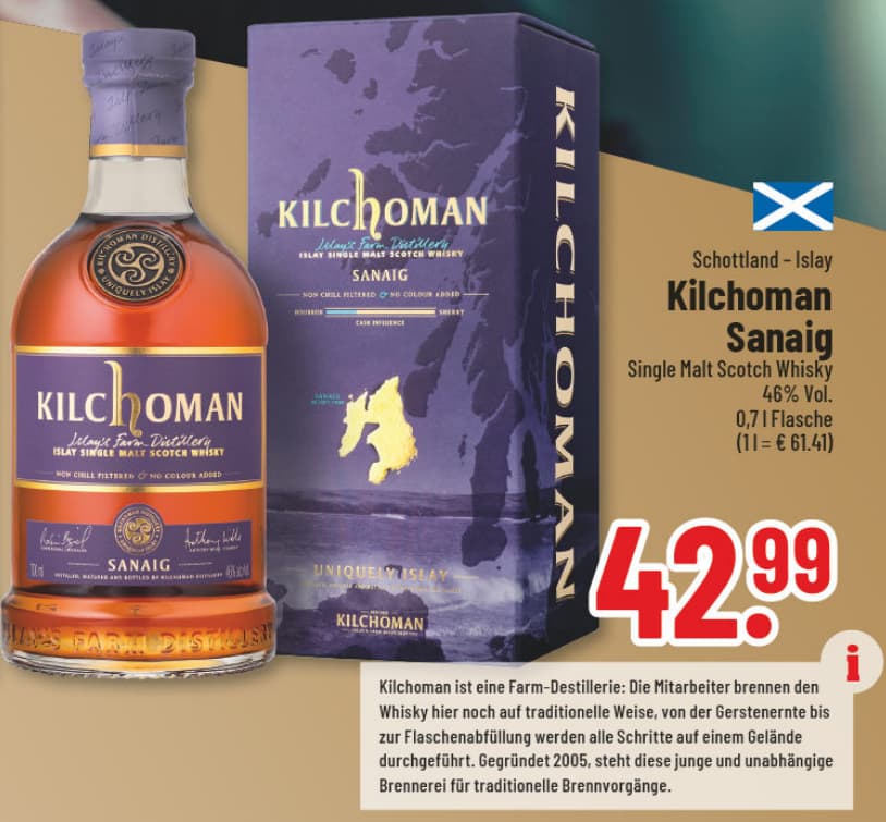 Originalangebot: Kilchoman Sanaig Single Malt Scotch Whisky – Preis, Gebinde und Bedingungen im abgebildeten Handzettelausschnitt