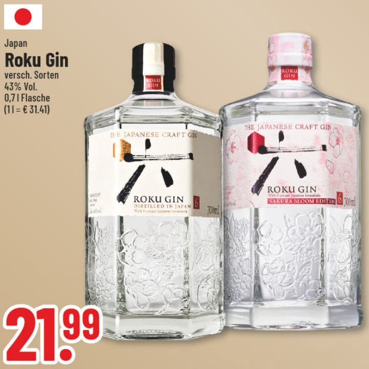 Originalangebot: Roku Gin, verschiedene Sorten – Preis, Gebinde und Bedingungen im abgebildeten Handzettelausschnitt