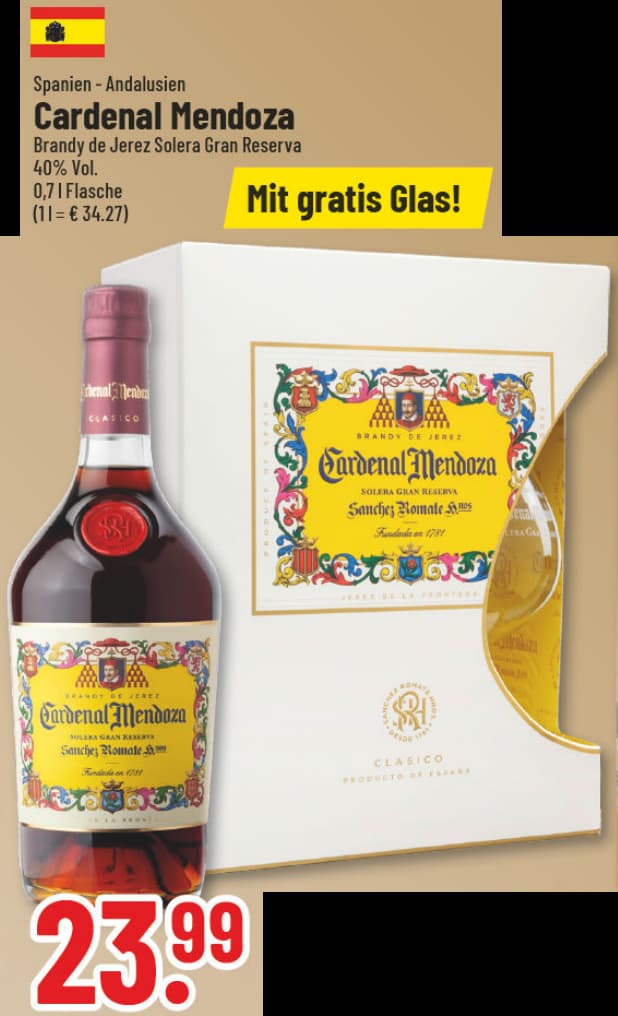 Originalangebot: Cardenal Mendoza Brandy de Jerez Solera Gran Reserva mit gratis Glas – Preis, Gebinde und Bedingungen im abgebildeten Handzettelausschnitt
