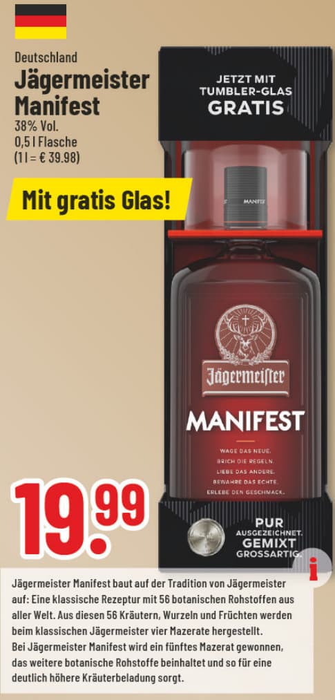 Originalangebot: Jägermeister Manifest mit gratis Glas – Preis, Gebinde und Bedingungen im abgebildeten Handzettelausschnitt
