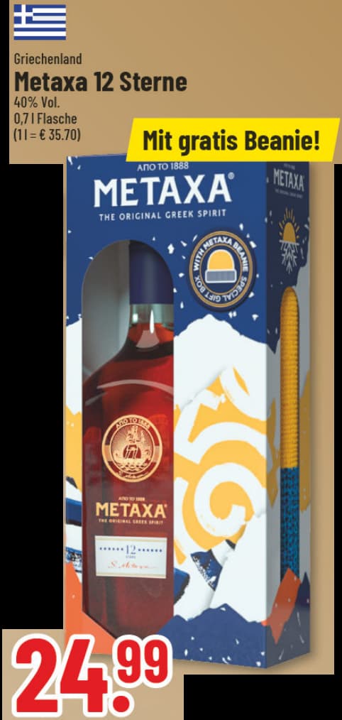 Originalangebot: Metaxa 12 Sterne mit gratis Beanie – Preis, Gebinde und Bedingungen im abgebildeten Handzettelausschnitt