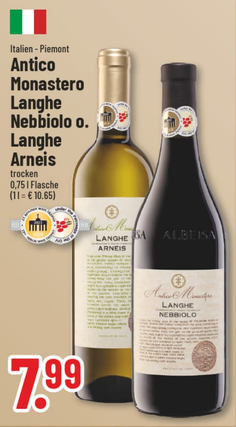 Originalangebot: Antico Monastero Langhe Nebbiolo oder Langhe Arneis – Preis, Gebinde und Bedingungen im abgebildeten Handzettelausschnitt