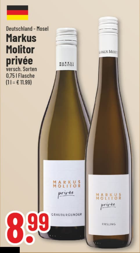 Originalangebot: Markus Molitor privée, verschiedene Sorten – Preis, Gebinde und Bedingungen im abgebildeten Handzettelausschnitt