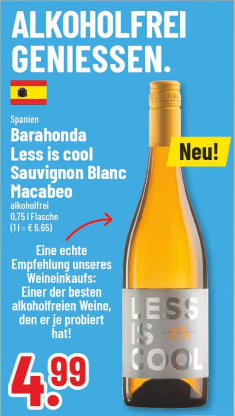 Originalangebot: Barahonda Less is cool Sauvignon Blanc Macabeo alkoholfrei – Preis, Gebinde und Bedingungen im abgebildeten Handzettelausschnitt