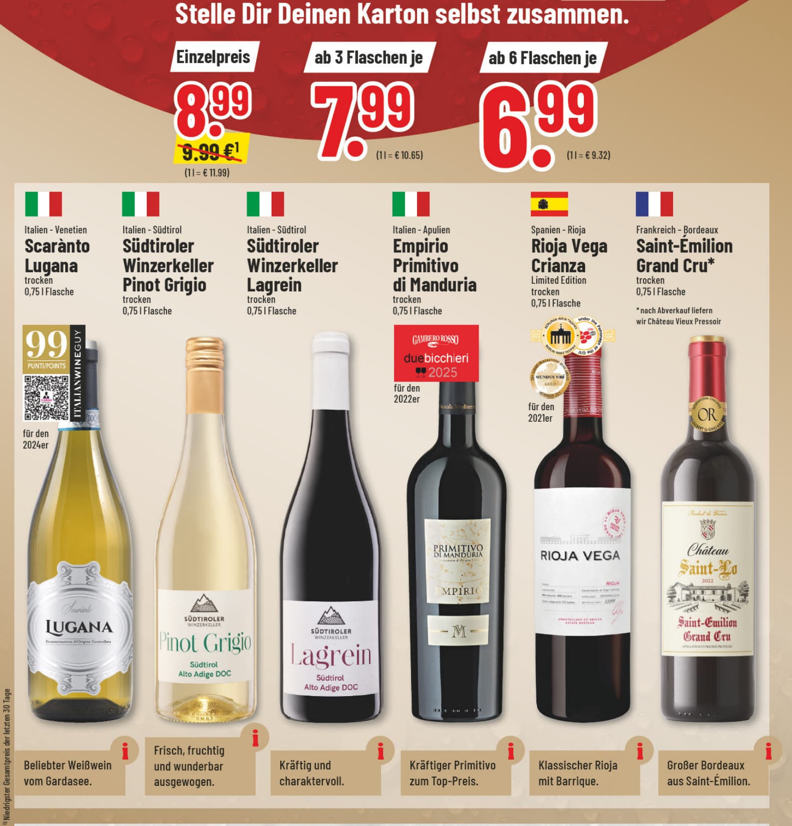 Originalangebot: Wein-Mehrkauf: Scarànto Lugana, Südtiroler Winzerkeller Pinot Grigio oder Lagrein, Empirio Primitivo di Manduria, Rioja Vega Crianza oder Saint-Émilion Grand Cru – Preis, Gebinde und Bedingungen im abgebildeten Handzettelausschnitt