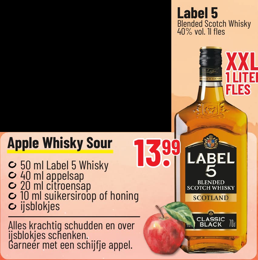 Originalangebot: Label 5 · mit Apple-Whisky-Sour-Rezept – Preis, Gebinde und Bedingungen im abgebildeten Handzettelausschnitt
