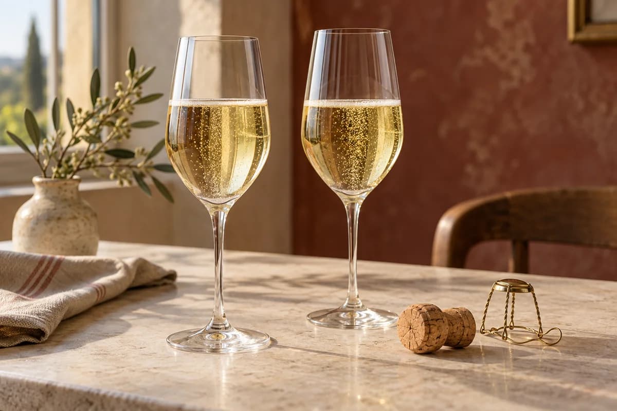 Zwei Gläser Schaumwein mit feiner Perlage · KI-generiertes Themenbild
