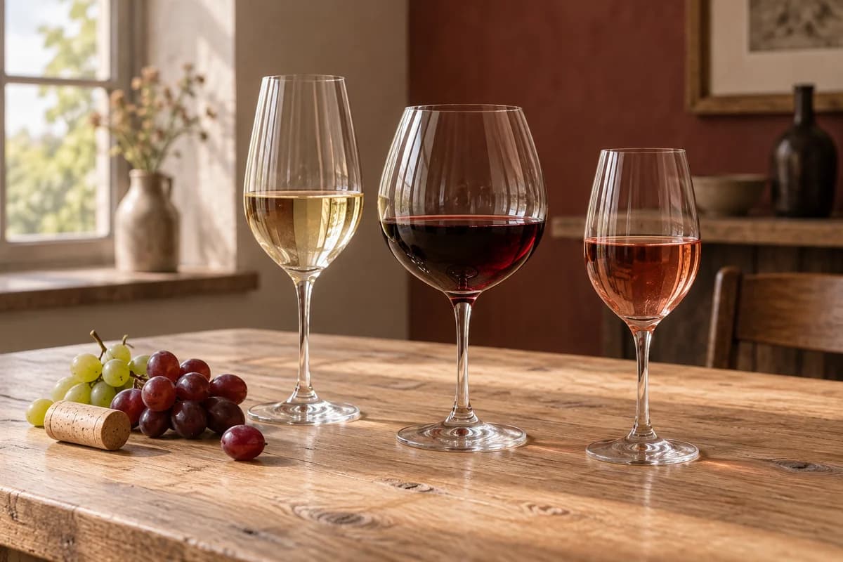 Weißwein, Rotwein und Rosé zur Verkostung · KI-generiertes Themenbild