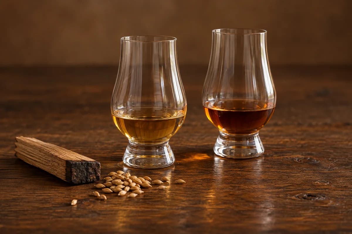 Zwei Whisky-Verkostungsgläser mit unterschiedlichen Bernsteinfarben · KI-generiertes Themenbild