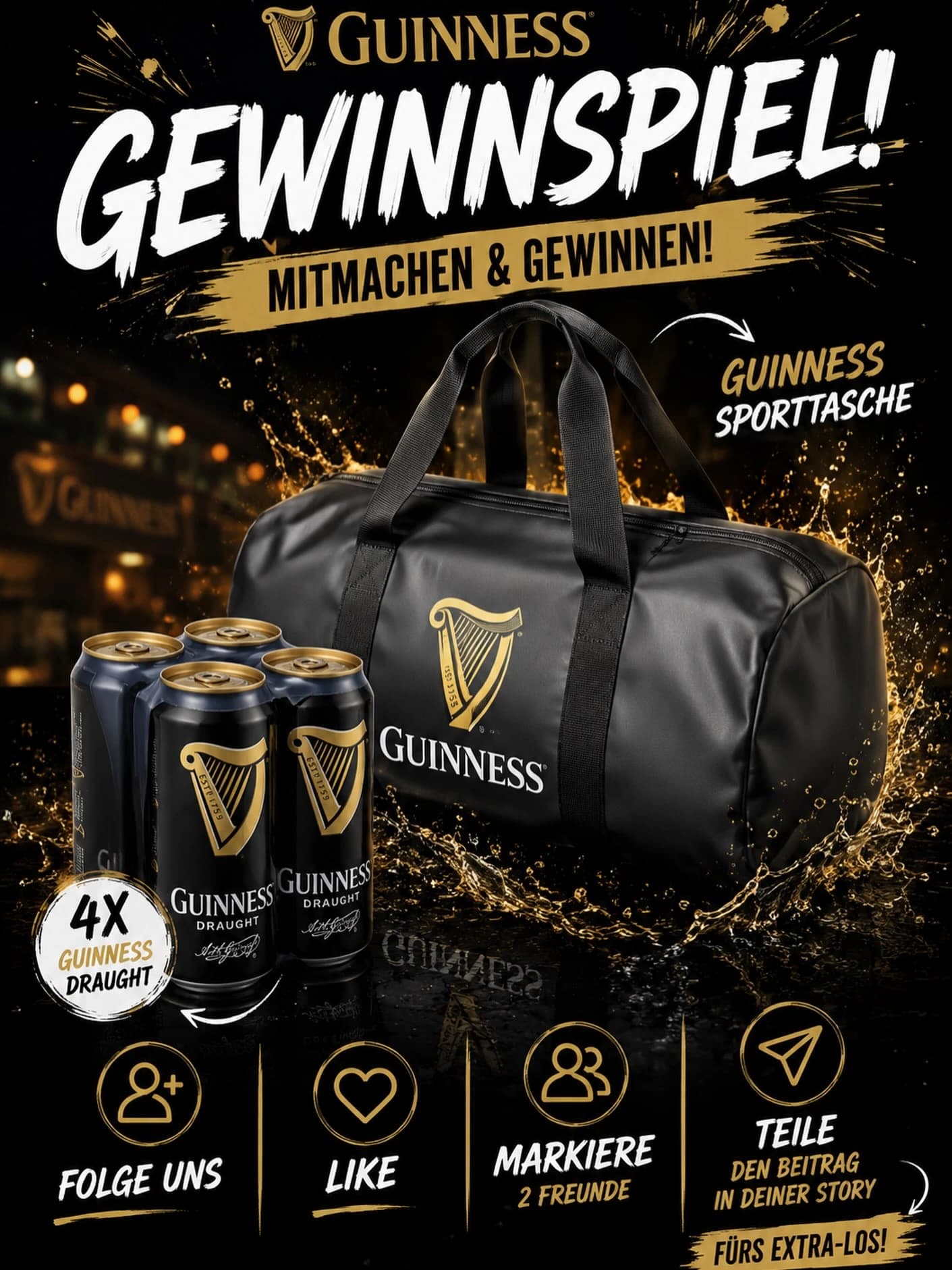 Originalbeitragsbild: Guinness Sporttasche und vier Dosen Guinness