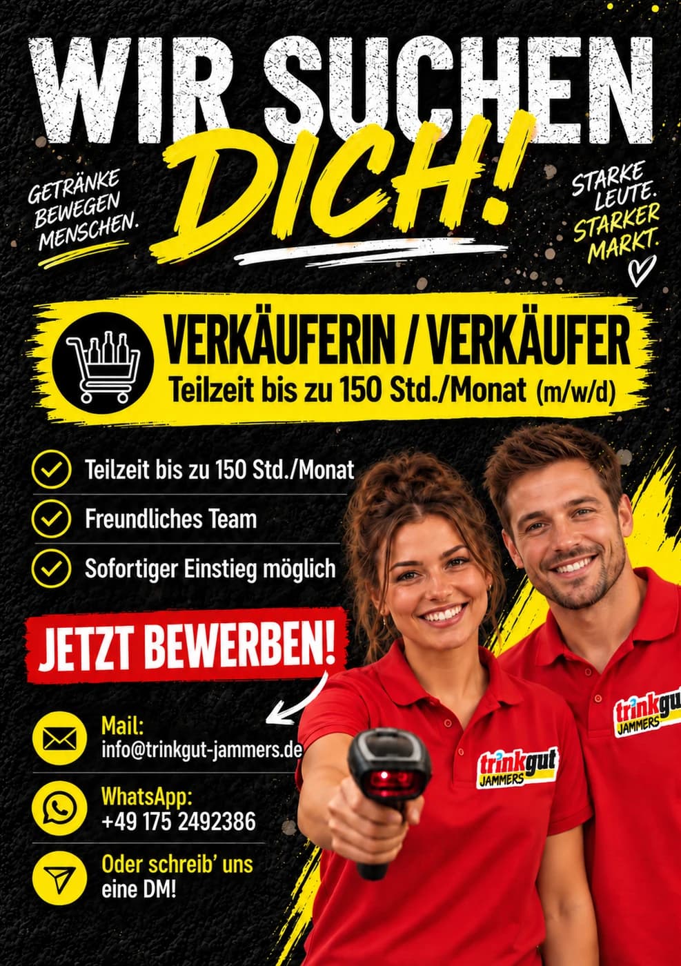 Stellenanzeige Verkauf in Teilzeit bis zu 150 Stunden im Monat, m/w/d, Bewerbung an info@trinkgut-jammers.de