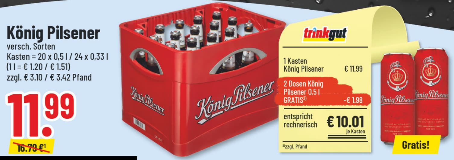 Originalangebot: König Pilsener – Preis, Gebinde und Bedingungen im abgebildeten Handzettelausschnitt