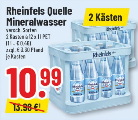 Originalangebot: Rheinfels Quelle Mineralwasser – 2 Kästen – Preis, Gebinde und Bedingungen im abgebildeten Handzettelausschnitt