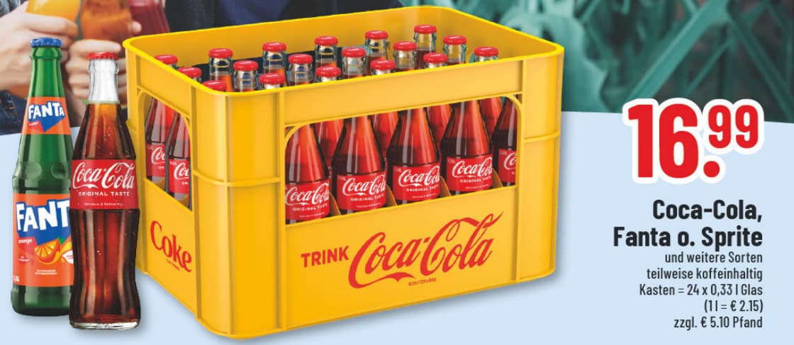 Originalangebot: Coca-Cola, Fanta oder Sprite – Preis, Gebinde und Bedingungen im abgebildeten Handzettelausschnitt