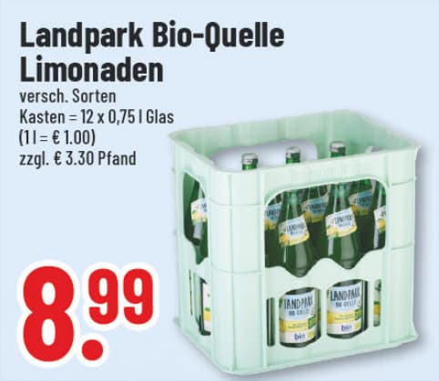 Originalangebot: Landpark Bio-Quelle Limonaden – Preis, Gebinde und Bedingungen im abgebildeten Handzettelausschnitt