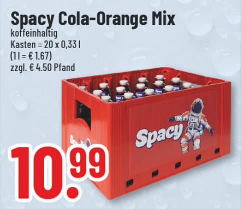 Originalangebot: Spacy Cola-Orange Mix – Preis, Gebinde und Bedingungen im abgebildeten Handzettelausschnitt