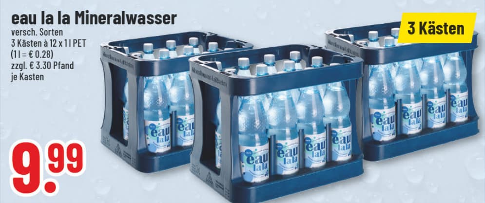 Originalangebot: eau la la Mineralwasser – 3 Kästen – Preis, Gebinde und Bedingungen im abgebildeten Handzettelausschnitt