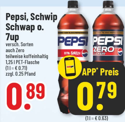 Originalangebot: Pepsi, Schwip Schwap oder 7up, auch Zero – Preis, Gebinde und Bedingungen im abgebildeten Handzettelausschnitt