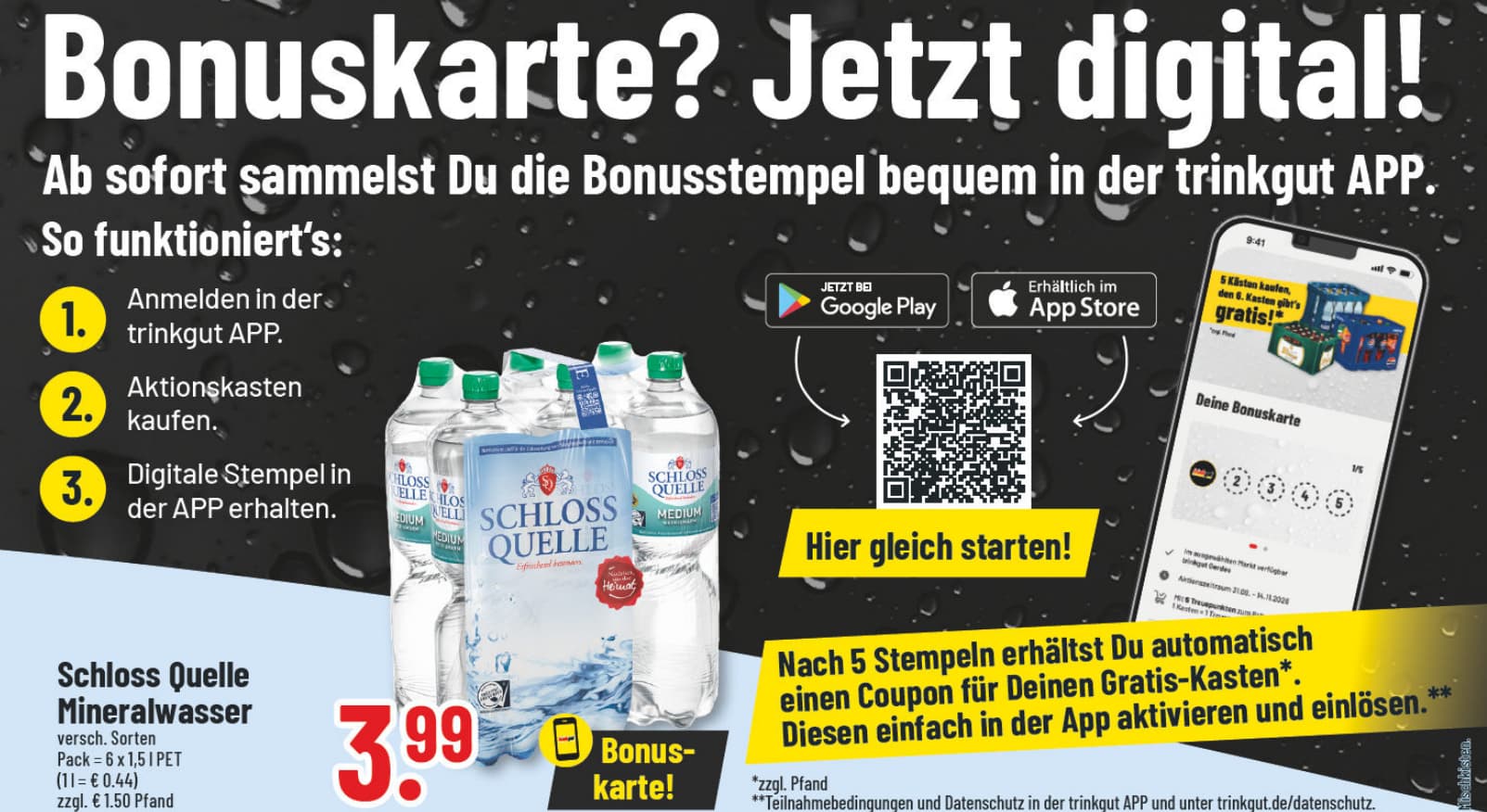 Originalangebot: Schloss Quelle Mineralwasser – Bonuskarte – Preis, Gebinde und Bedingungen im abgebildeten Handzettelausschnitt