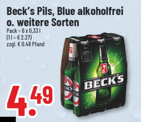 Originalangebot: Beck’s Pils, Blue alkoholfrei oder weitere Sorten – Preis, Gebinde und Bedingungen im abgebildeten Handzettelausschnitt