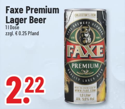 Originalangebot: Faxe Premium Lager Beer – Preis, Gebinde und Bedingungen im abgebildeten Handzettelausschnitt