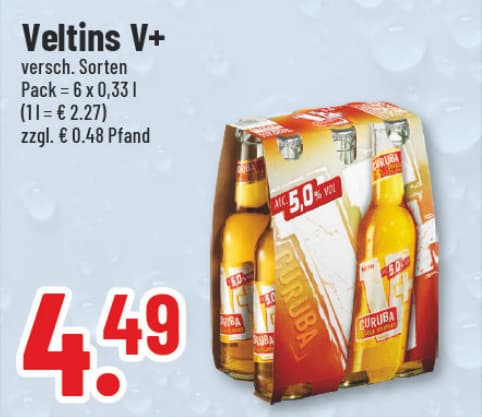 Originalangebot: Veltins V+ – Preis, Gebinde und Bedingungen im abgebildeten Handzettelausschnitt