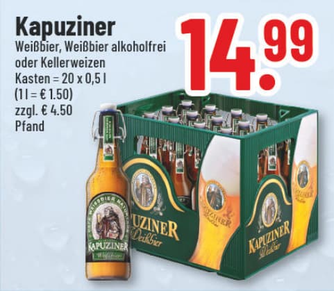 Originalangebot: Kapuziner Weißbier, Weißbier alkoholfrei oder Kellerweizen – Preis, Gebinde und Bedingungen im abgebildeten Handzettelausschnitt